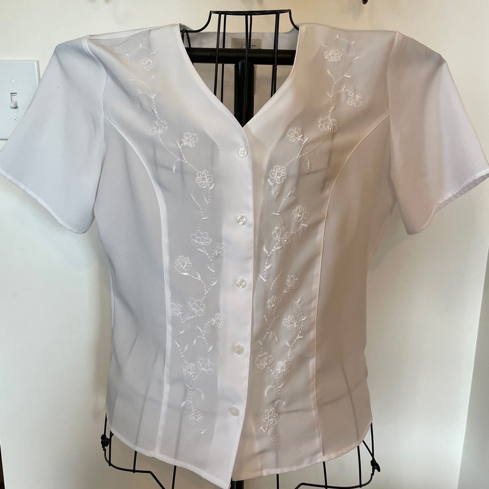 Vtg Kathie Lee Polyester White Button Up Dressy Blouse Embroidery Women's Sz 10